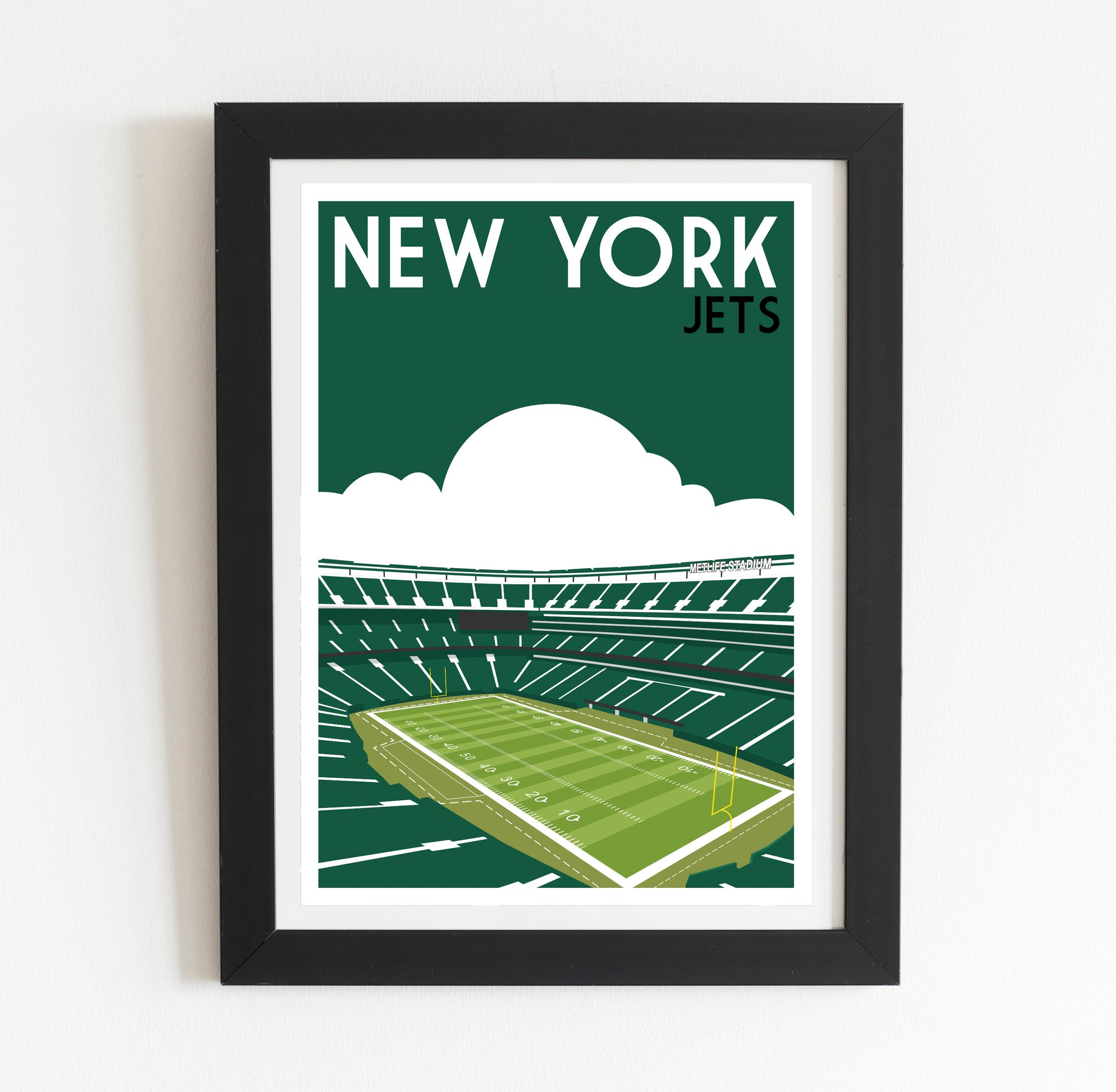 A framed illustration of a football stadium with the text "NEW YORK JETS" above it.
