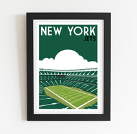 A framed illustration of a football stadium with the text "NEW YORK JETS" above it.