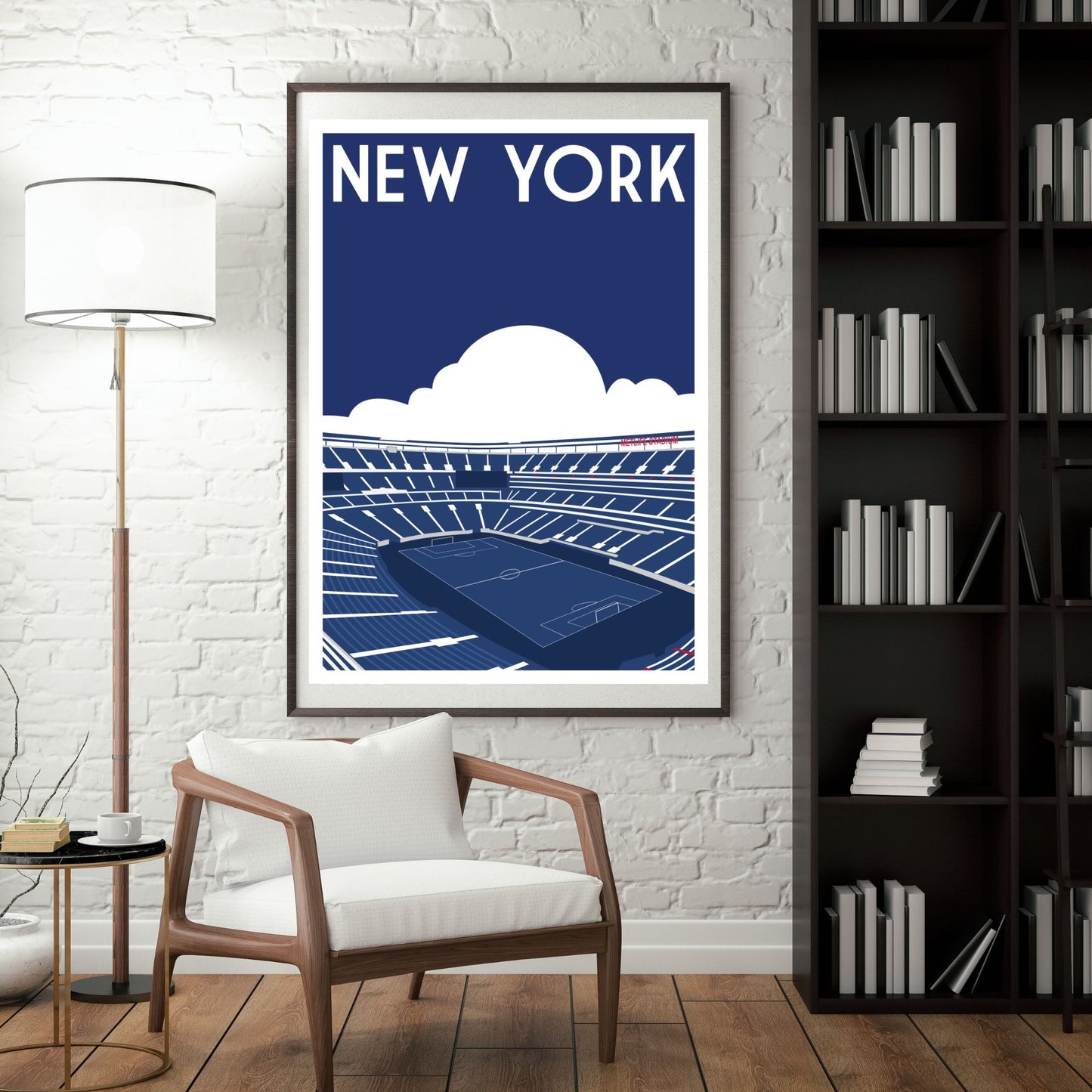 a framed poster of a stadium with the text "NEW YORK" prominently displayed.