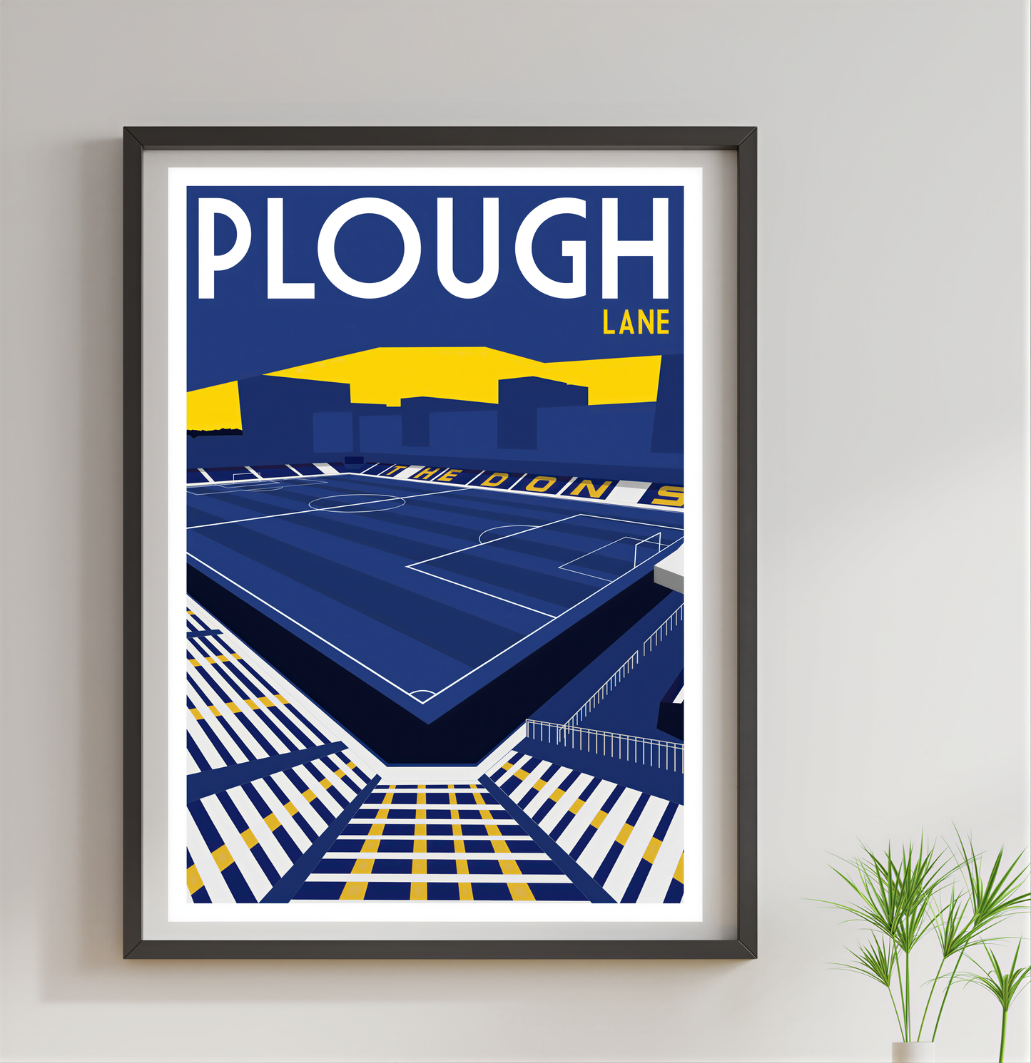 The image is a framed poster depicting a soccer stadium with a city skyline in the background.
