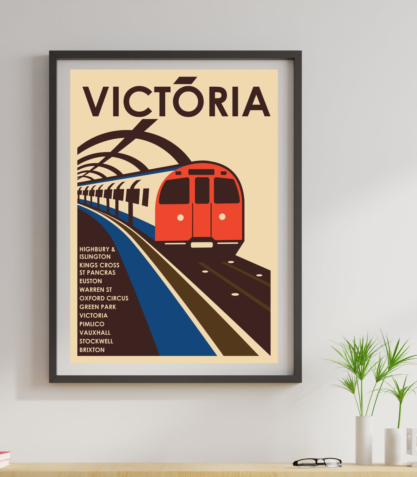 London underground tube train poster design Victoria line retro style art deco