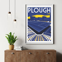 a framed poster of a stadium with the text "PLOUGH LANE" displayed prominently.
