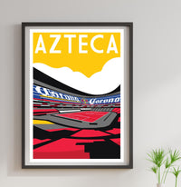 A framed poster depicting a colorful, abstract representation of a sports stadium, with the word "AZTECA" prominently displayed.