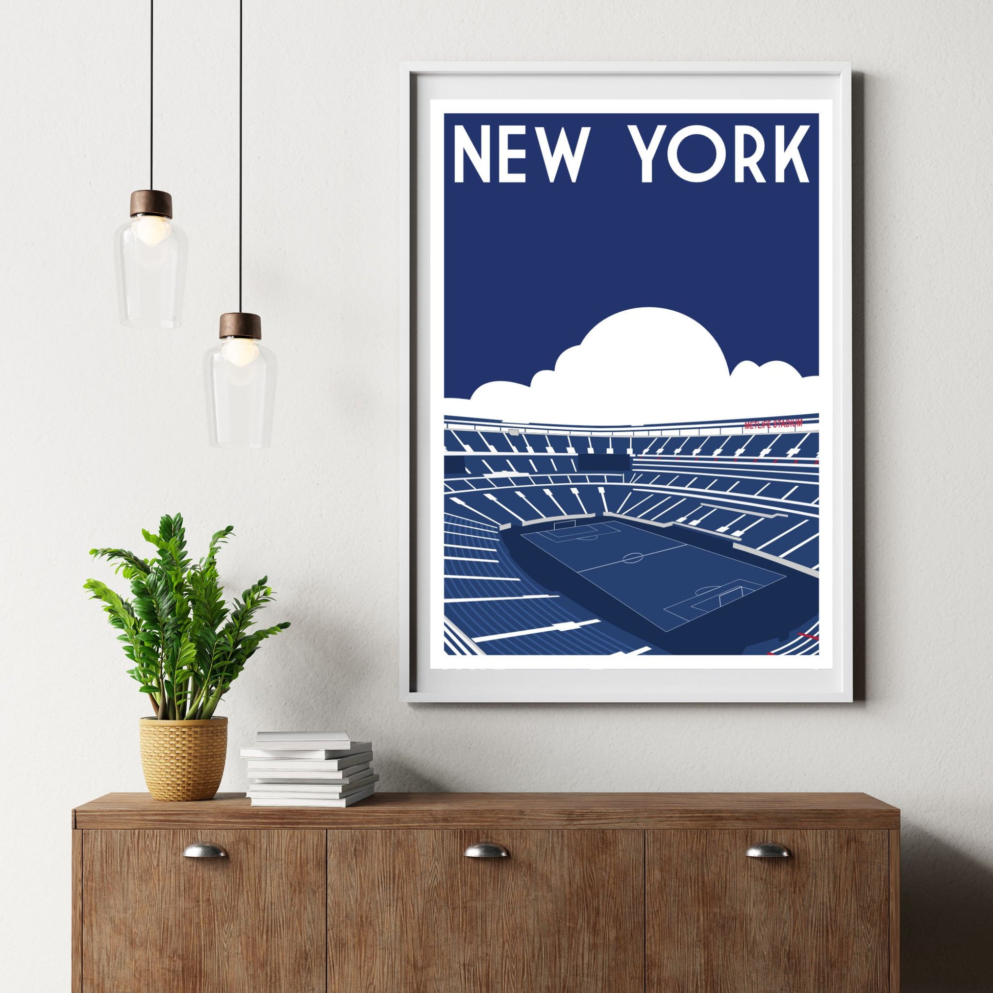 a framed poster of a stadium with the text "NEW YORK" displayed prominently.