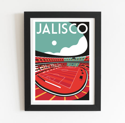 A framed poster depicting a soccer stadium with a red field and white lines, set against a blue sky with a white cloud.