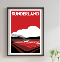 A framed poster of a football stadium with the word "Sunderland" written on it.