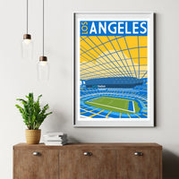 a framed poster of a stadium with a plant on a wooden dresser below it.