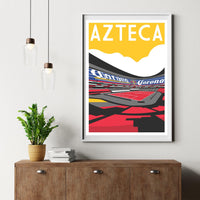 a framed poster of a stadium with the word "AZTECA" prominently displayed.