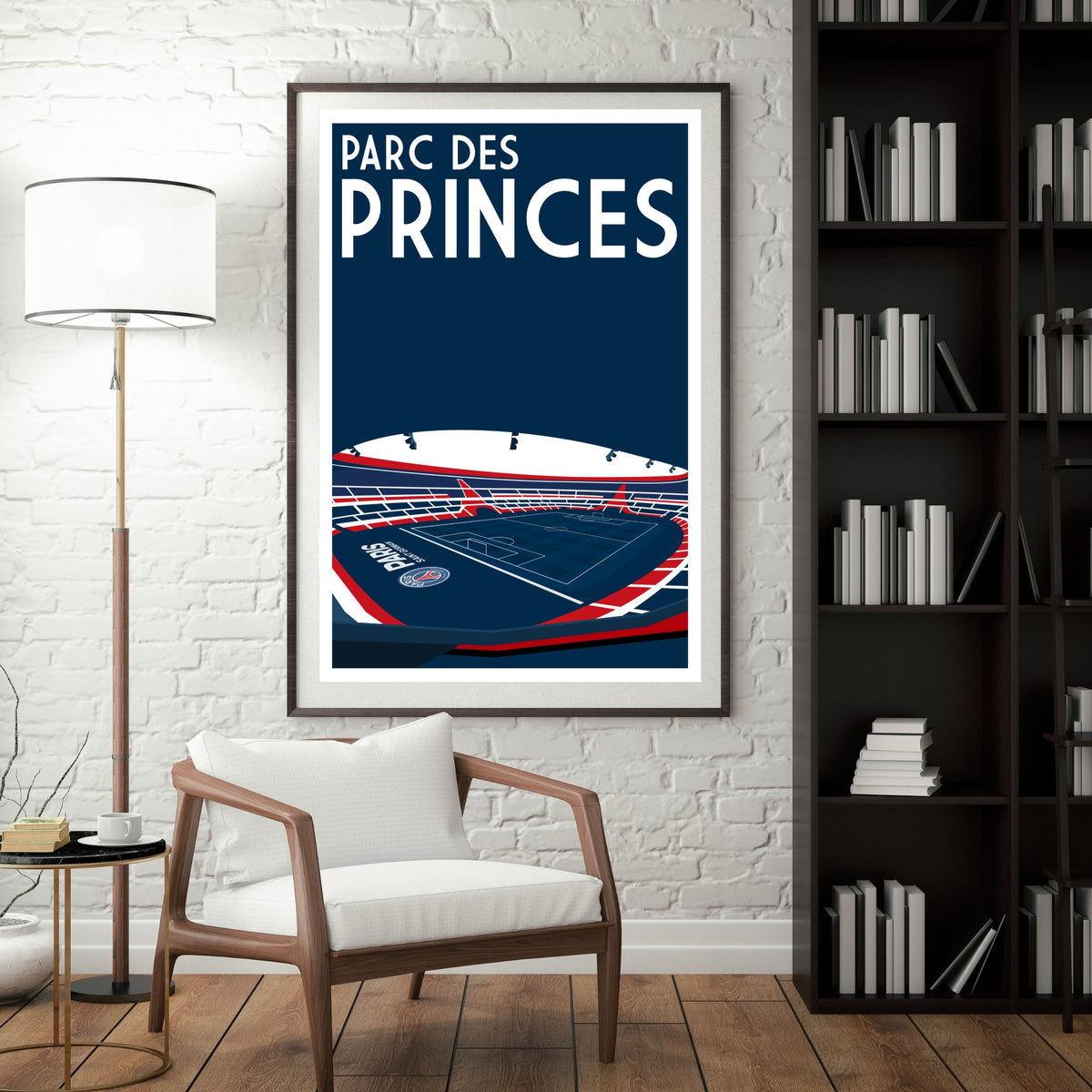 a framed poster of a stadium, with the text "PARC DES PRINCES" prominently displayed.