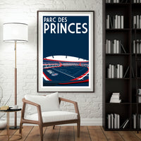 a framed poster of a stadium, with the text "PARC DES PRINCES" prominently displayed.