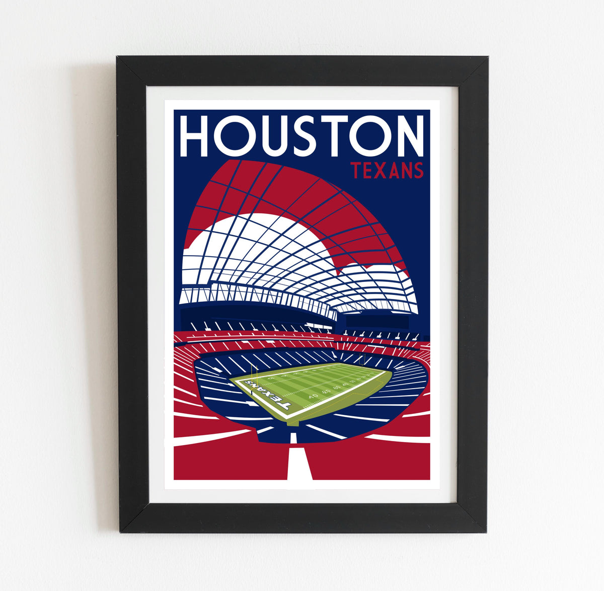 a framed poster of a stadium with a green field