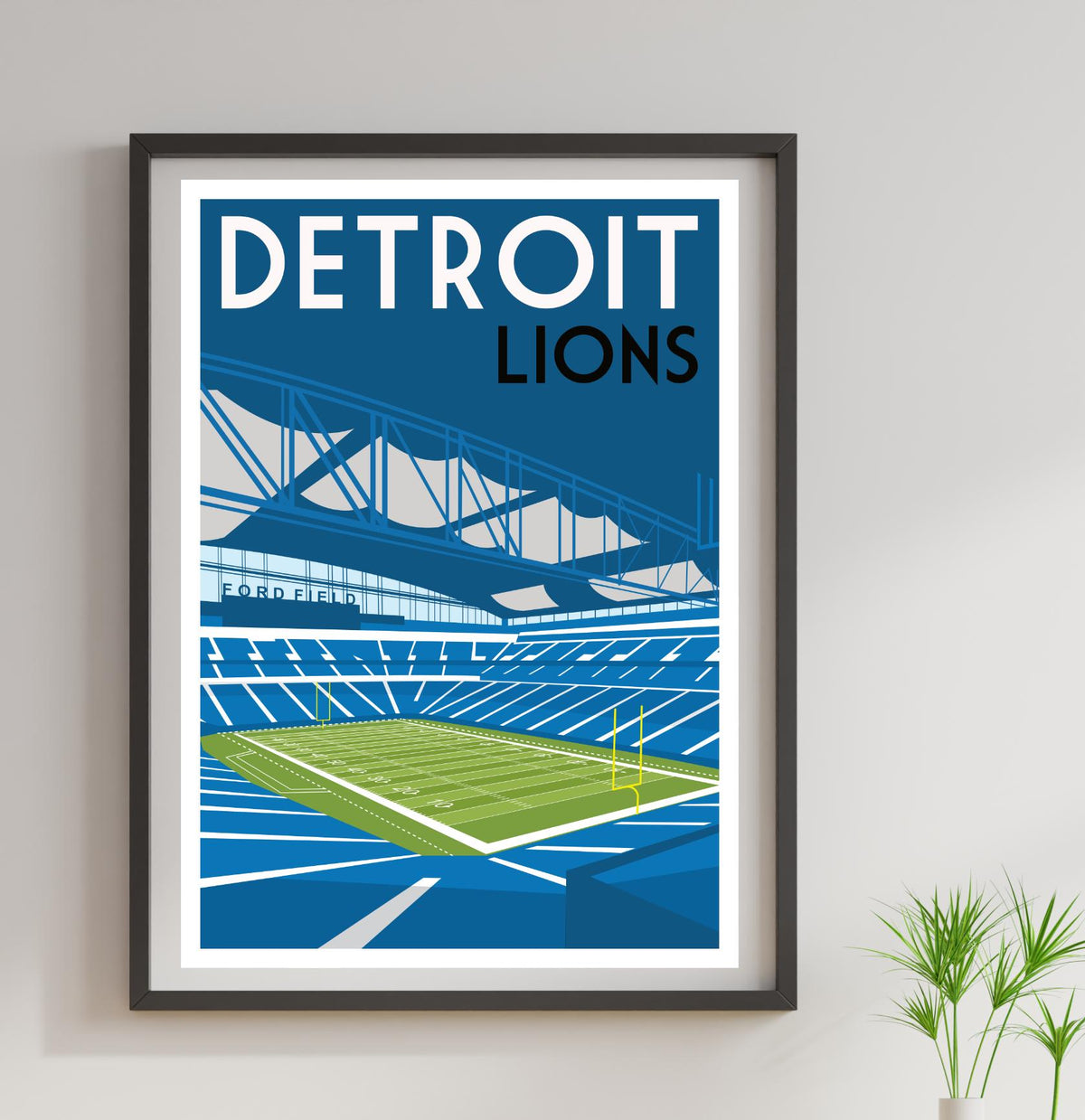 a framed poster of a stadium with a green tennis court