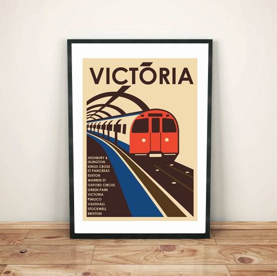 London underground tube train poster design Victoria line retro style art deco home decor