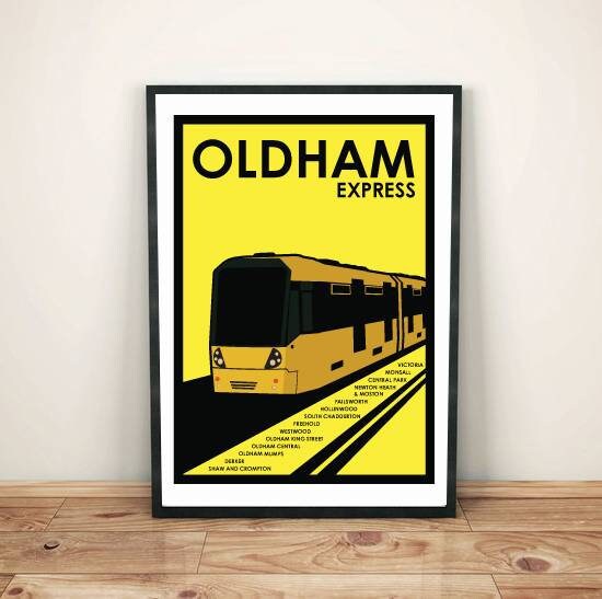 Retro minimalist design of Oldham Express, Manchester Metro