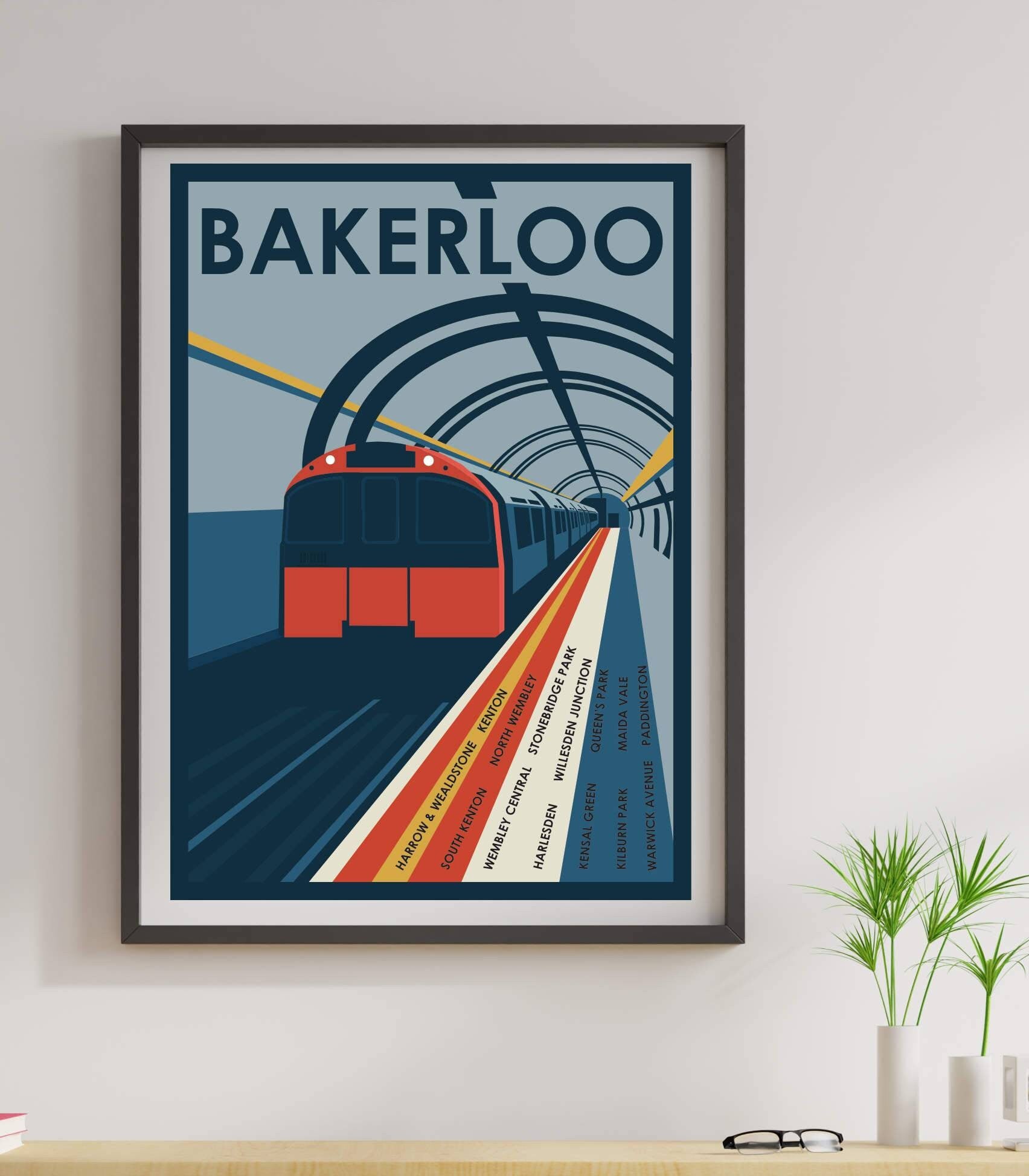 Vintage train art print poster of Bakerloo Line (North) London Underground Tube