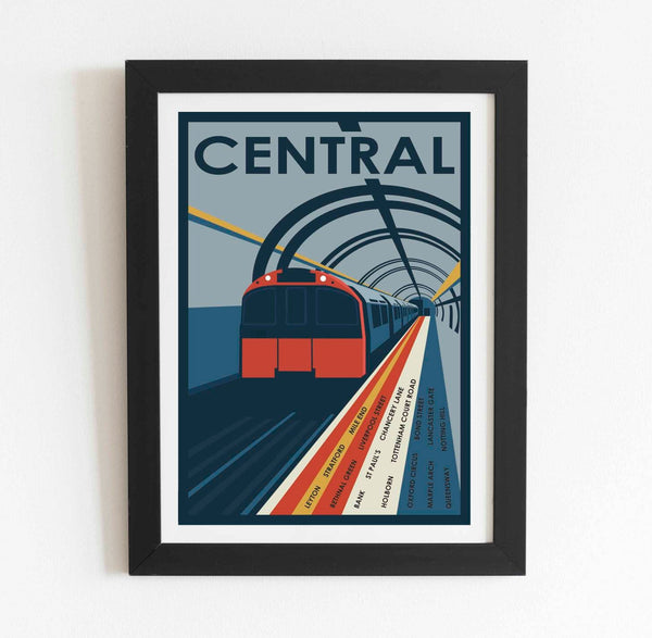 Central Line (Central) vintage train art print poster in blue