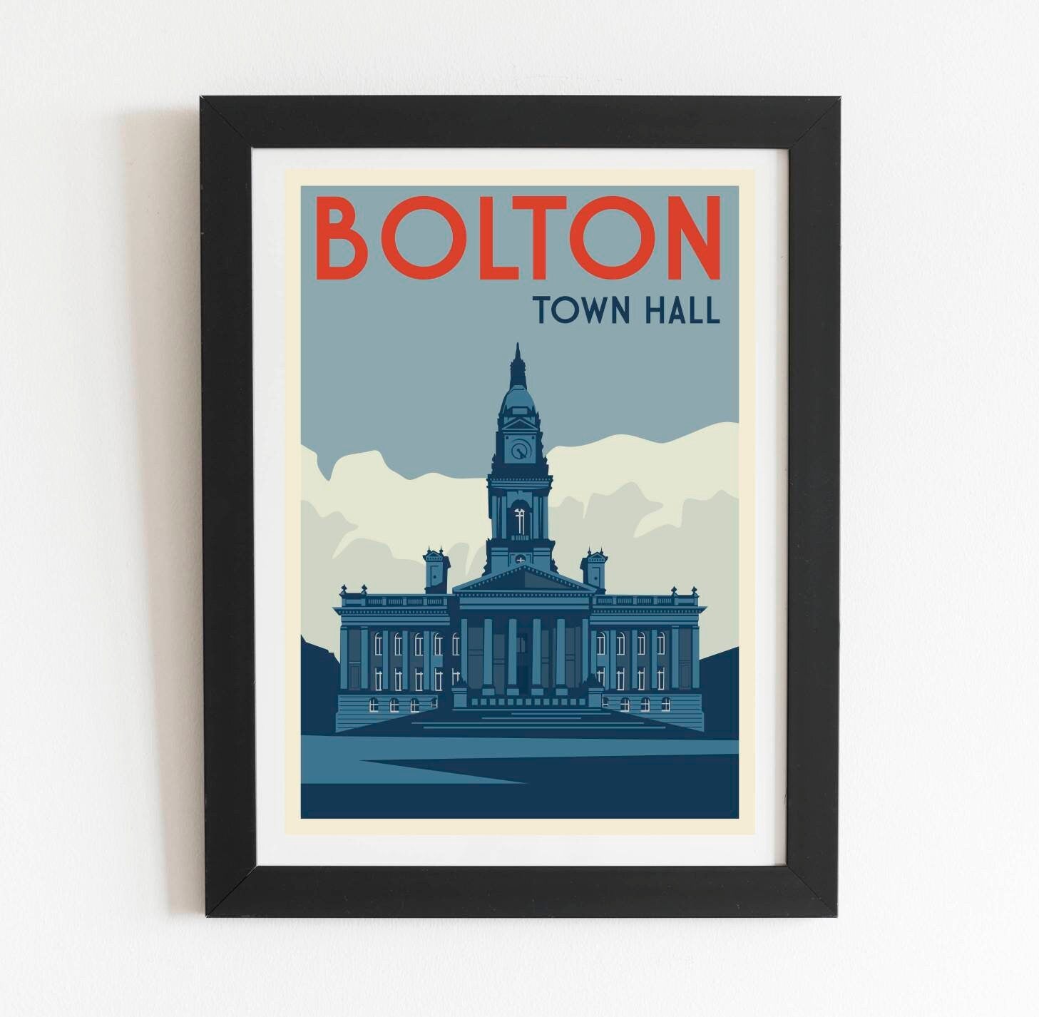 Retro art print poster of Bolton Town Hall